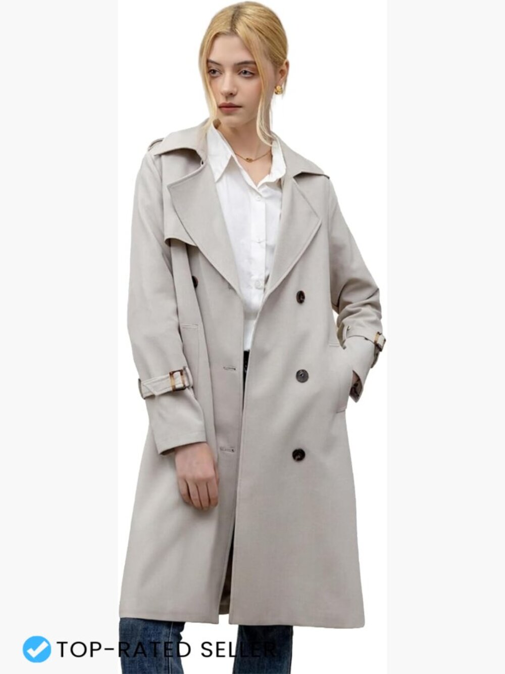 Knee Length Double Breasted Trench Coat Belted Classic Chic Layering Overcoat
